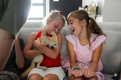 Children smiling with a fennec fox on a couch