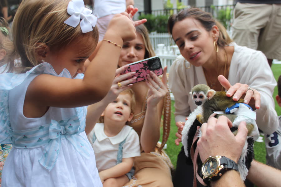 Families meeting a squirrel monkey at a garden party
